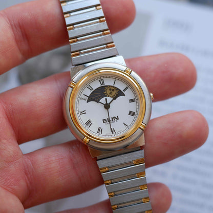 Vintage Elin Sun & Moon Two-Tone White Roman Dial 80s Golden - MINT