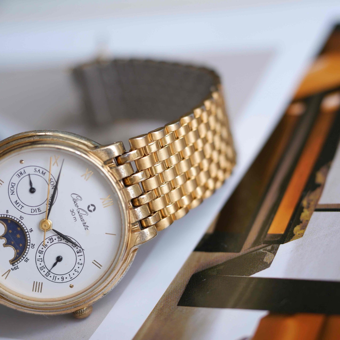 Vintage Osco Moon Phase Dress Watch 80s Gold Day and Date Quartz
