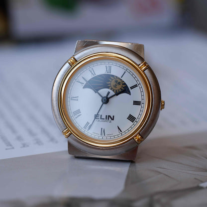 Vintage Elin Sun & Moon Two-Tone White Roman Dial 80s Golden - MINT