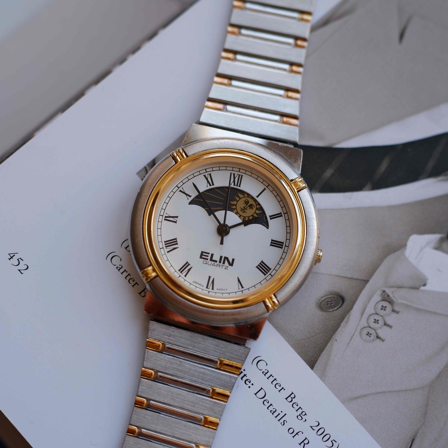 Vintage Elin Sun & Moon Two-Tone White Roman Dial 80s Golden - MINT