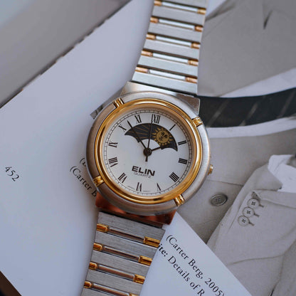 Vintage Elin Sun & Moon Two-Tone White Roman Dial 80s Golden - MINT