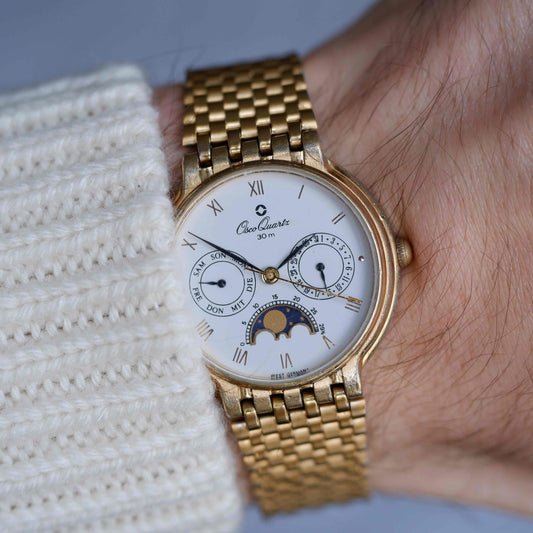 Vintage Osco Moon Phase Dress Watch 80s Gold Day and Date Quartz