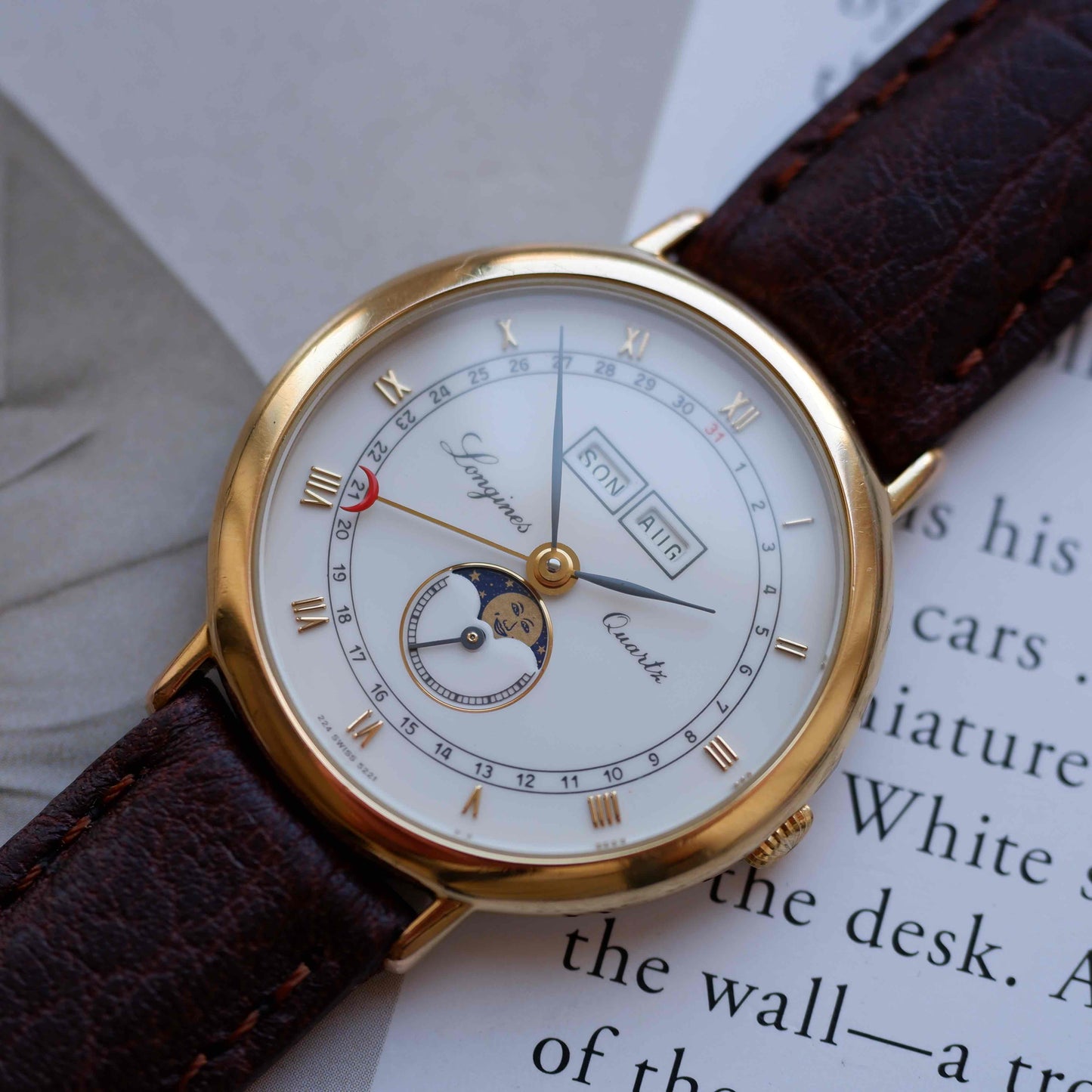 Vintage Longines Moonphase Charleston Ref. 5221 Triple Calendar 90s Golden