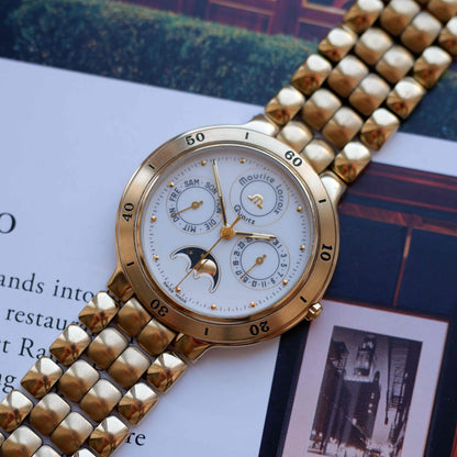 Vintage Maurice Lacroix Moon Phase Golden Day-Date Subdial 90s Quartz