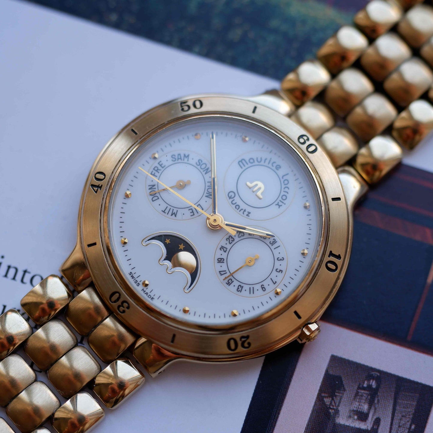 Vintage Maurice Lacroix Moon Phase Golden Day-Date Subdial 90s Quartz