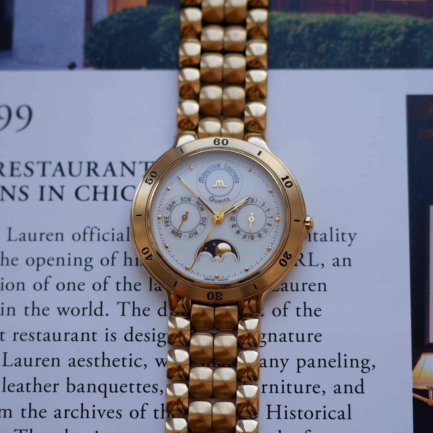Vintage Maurice Lacroix Moon Phase Golden Day-Date Subdial 90s Quartz