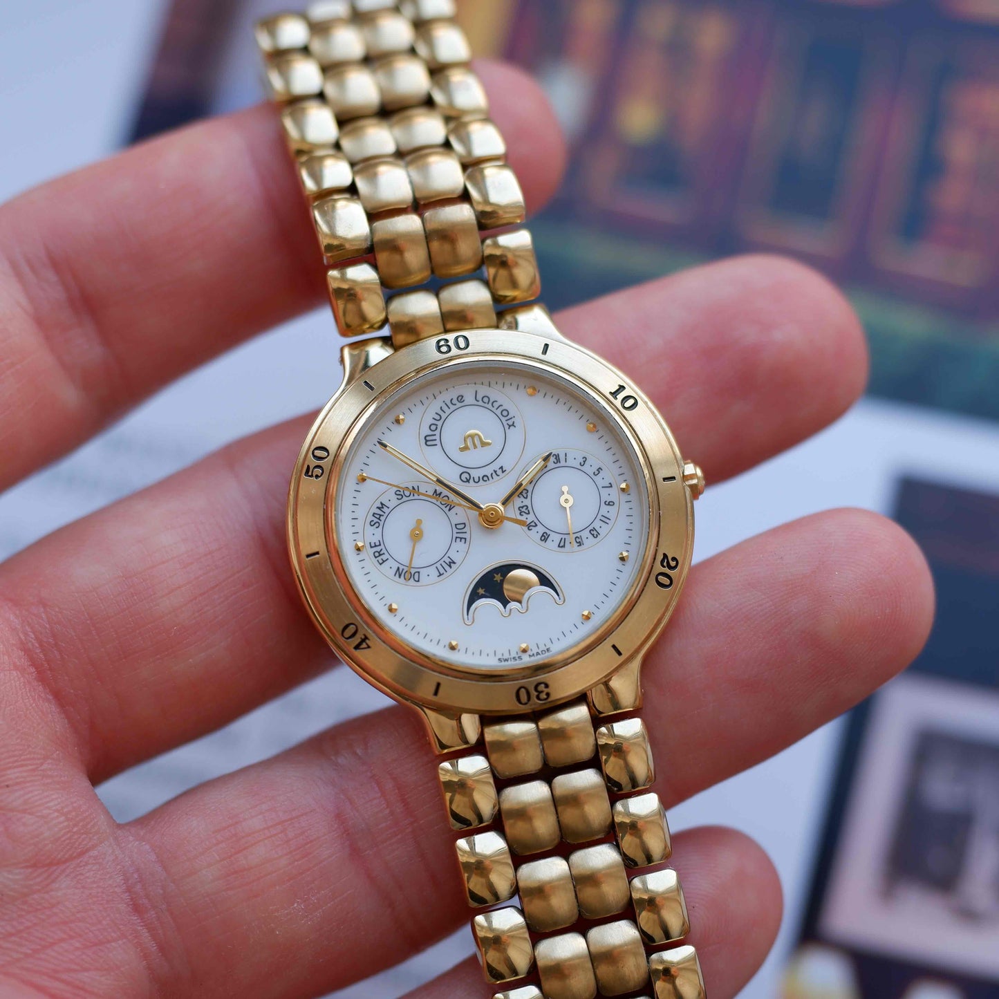 Vintage Maurice Lacroix Moon Phase Golden Day-Date Subdial 90s Quartz