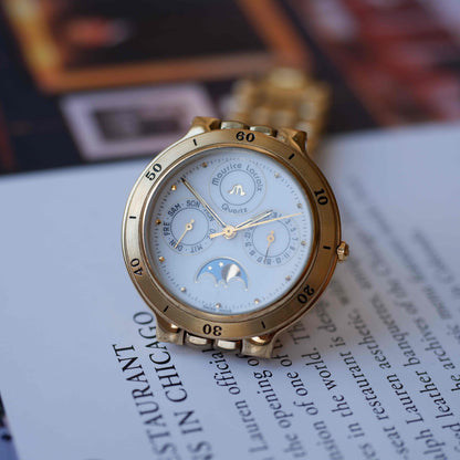 Vintage Maurice Lacroix Moon Phase Golden Day-Date Subdial 90s Quartz