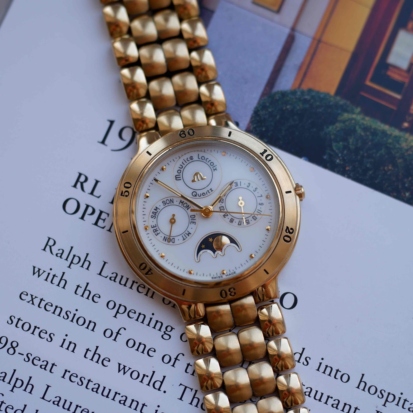 Vintage Maurice Lacroix Moon Phase Golden Day-Date Subdial 90s Quartz