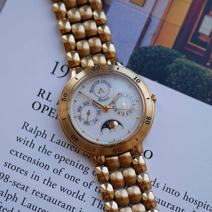 Vintage Maurice Lacroix Moon Phase Golden Day-Date Subdial 90s Quartz