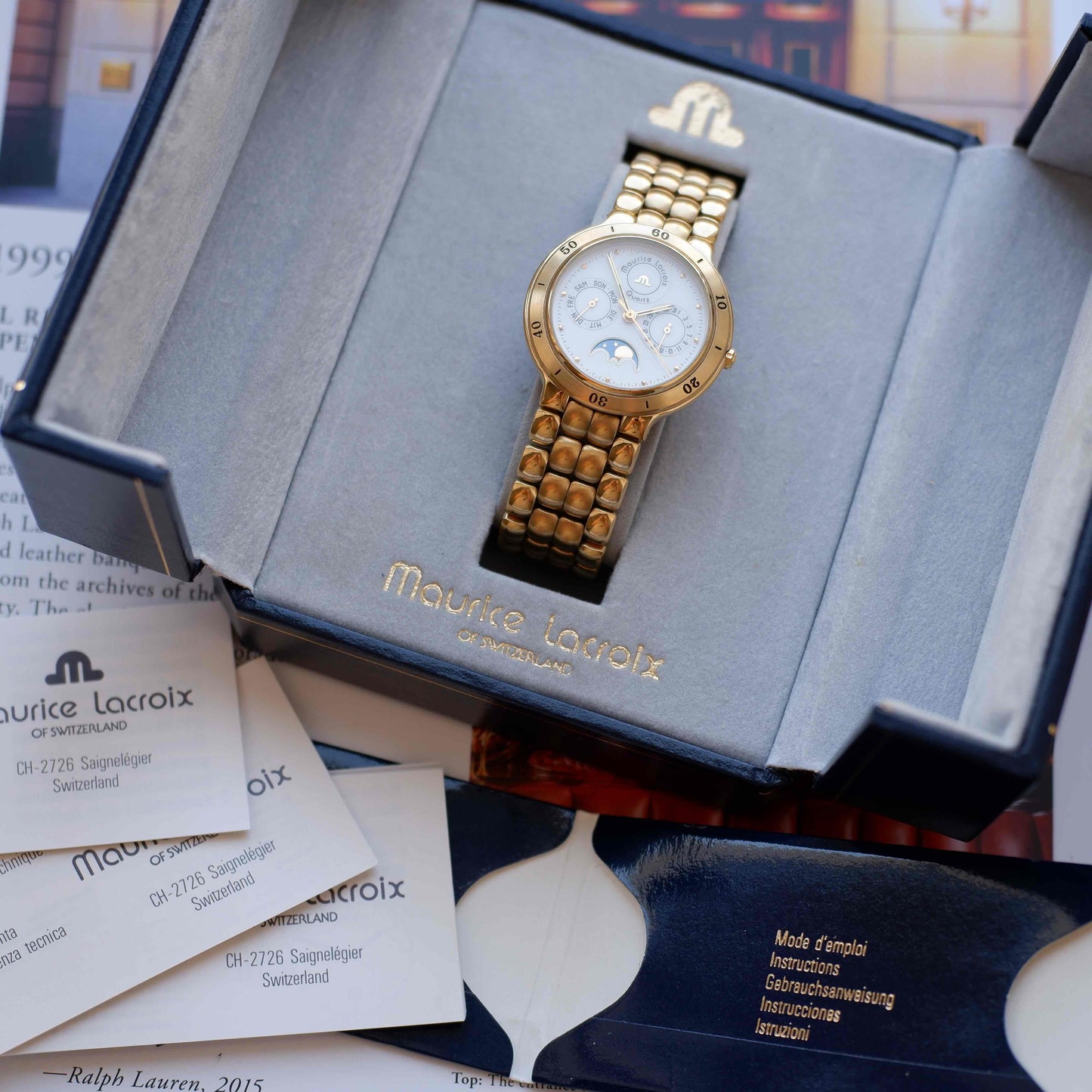 Vintage Maurice Lacroix Moon Phase Golden Day-Date Subdial 90s Quartz
