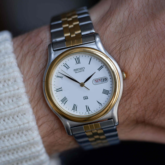 Vintage Seiko SQ Day and Date Quartz Two Tone Gold 80s MINT