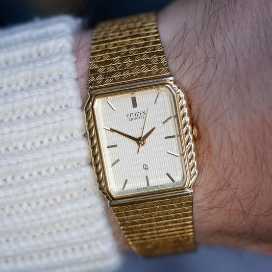 Vintage Citizen Tank Style Gold with Champagne Stripe Dial 80s