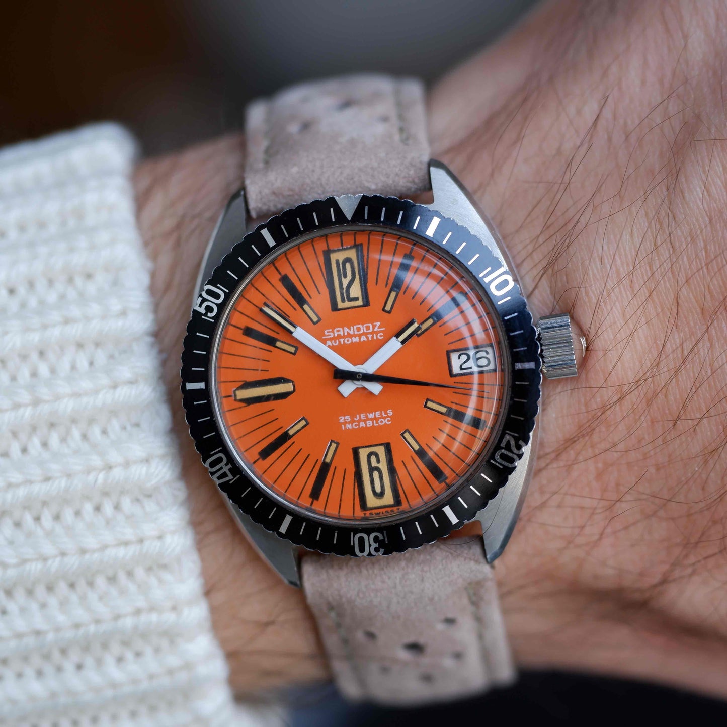Vintage Sandoz 70s Skin Diver Automatic Orange Dial Date MINT