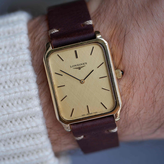 Vintage Longines Mechanical 70s Tank Gold Linen Dial Swiss