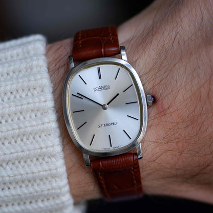 Vintage Roamer St Tropez Mechanical 70s Tank Silver Sunburst Dial Swiss