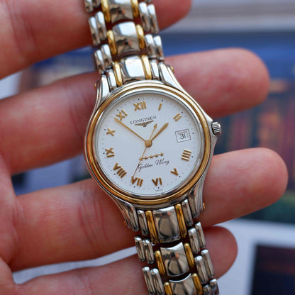 Vintage Longines Golden Wing L3.606.5 18K Gold 80s White Roman Dial with Date