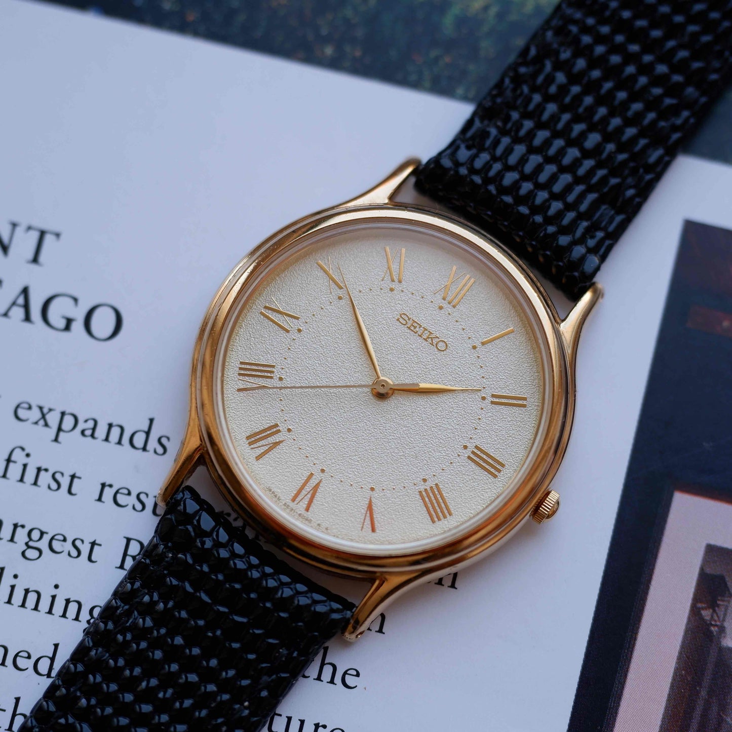 Vintage Seiko Dress Watch 90s Gold Frosted Roman Dial Quartz