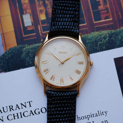 Vintage Seiko Dress Watch 90s Gold Frosted Roman Dial Quartz