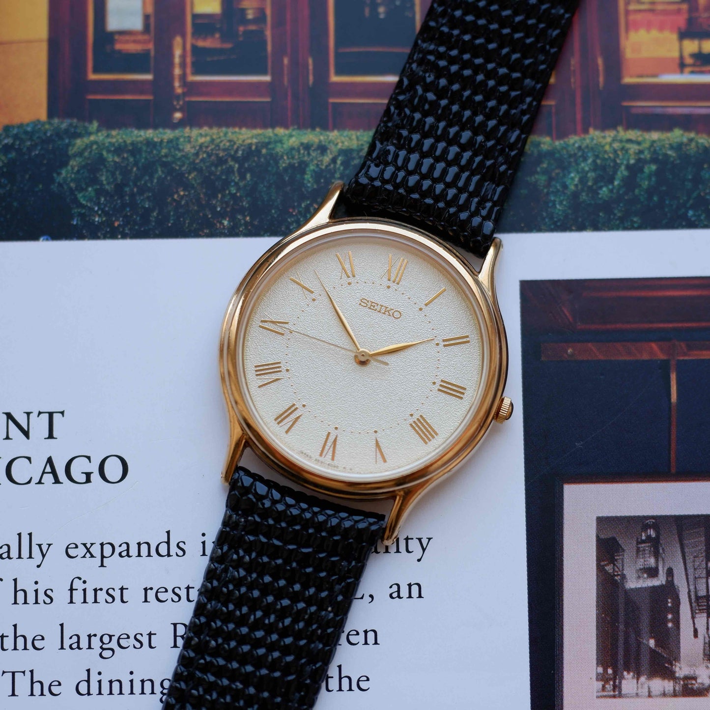 Vintage Seiko Dress Watch 90s Gold Frosted Roman Dial Quartz