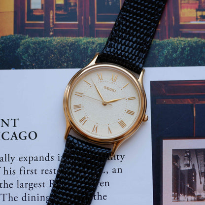Vintage Seiko Dress Watch 90s Gold Frosted Roman Dial Quartz