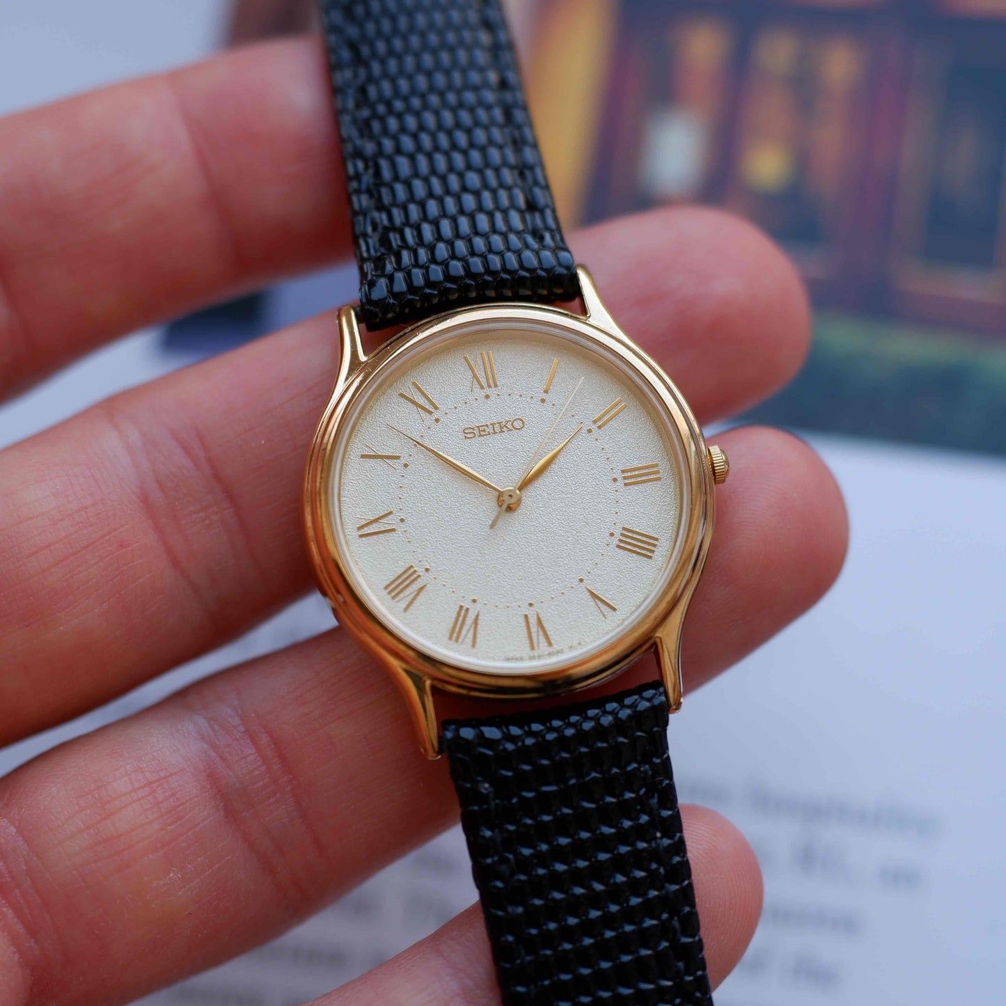 Vintage Seiko Dress Watch 90s Gold Frosted Roman Dial Quartz