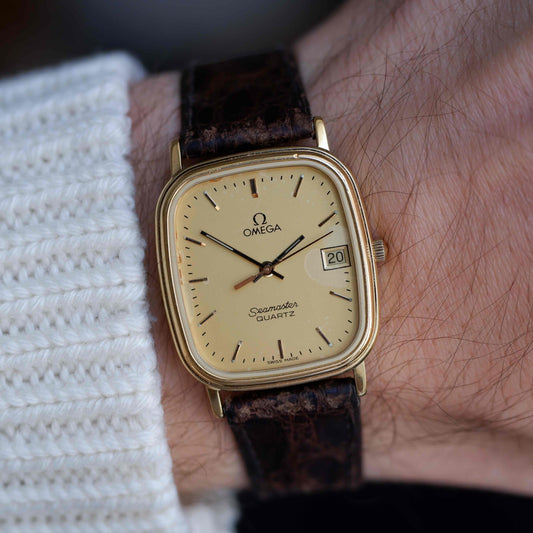 Vintage Omega Seamaster Tank Gold Champagne Dial 80s Quartz