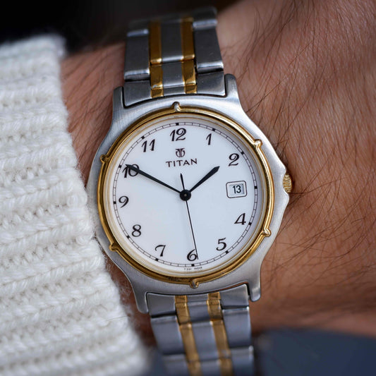 Vintage Titan Two Tone Quartz Watch 90s White Dial with Date