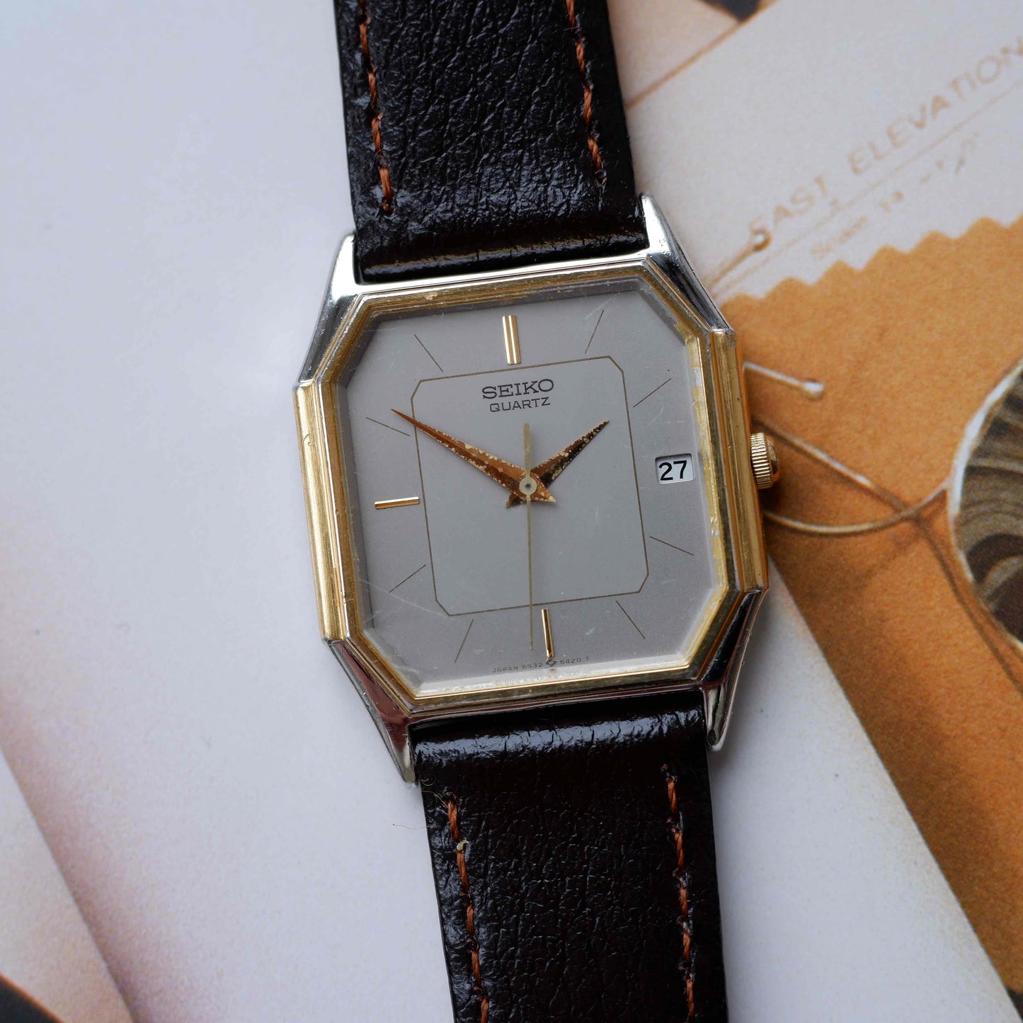 Vintage Seiko Tank Style Dress Watch 80s Gold Gray Dial Quartz