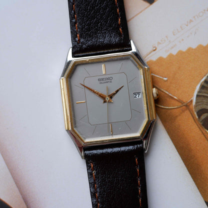 Vintage Seiko Tank Style Dress Watch 80s Gold Gray Dial Quartz