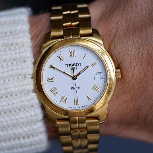 Vintage Tissot PR50 Gold Watch 90s Roman Dial Swiss Quartz