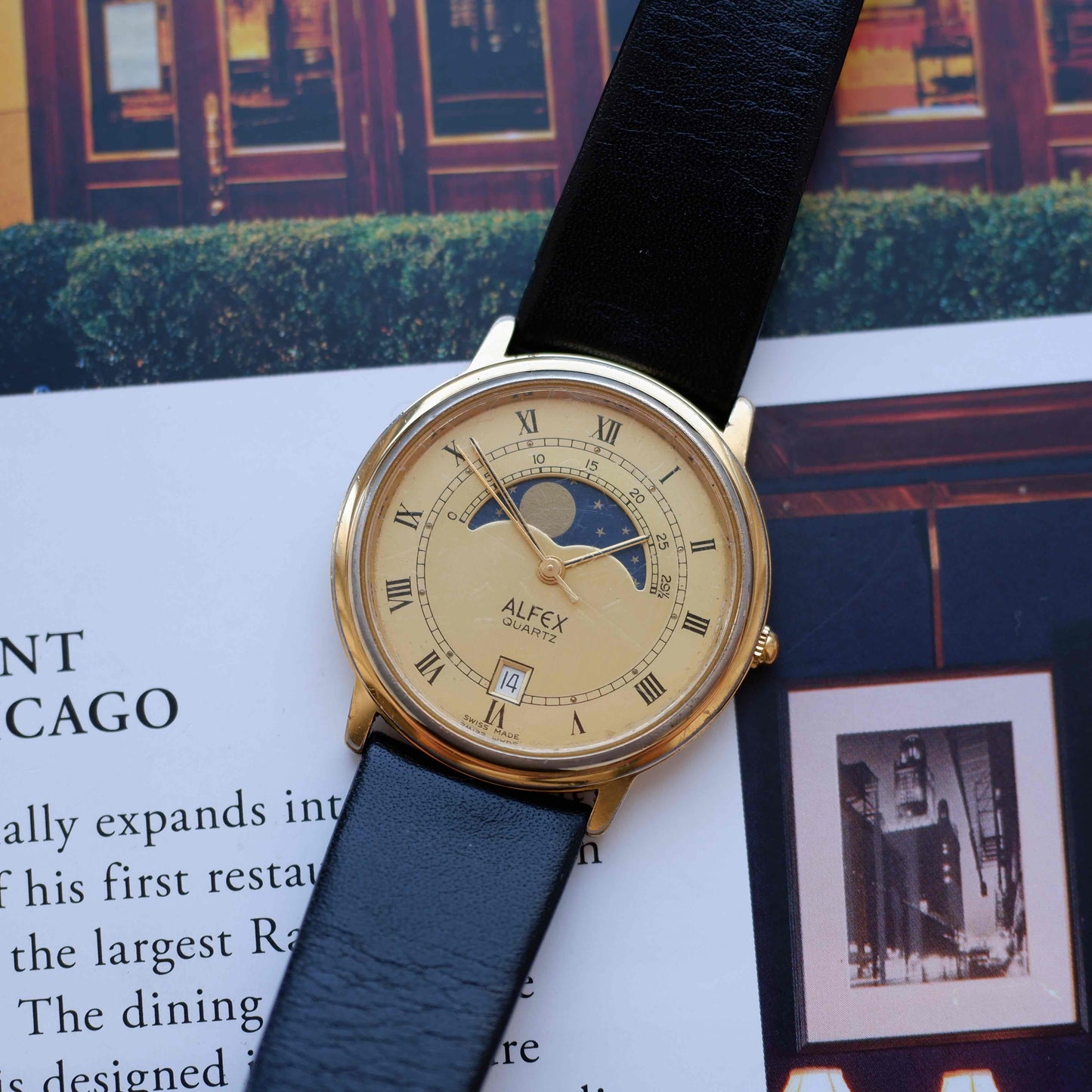 Vintage Alfex Moon Phase Dress Watch 90s Gold Quartz