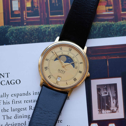 Vintage Alfex Moon Phase Dress Watch 90s Gold Quartz