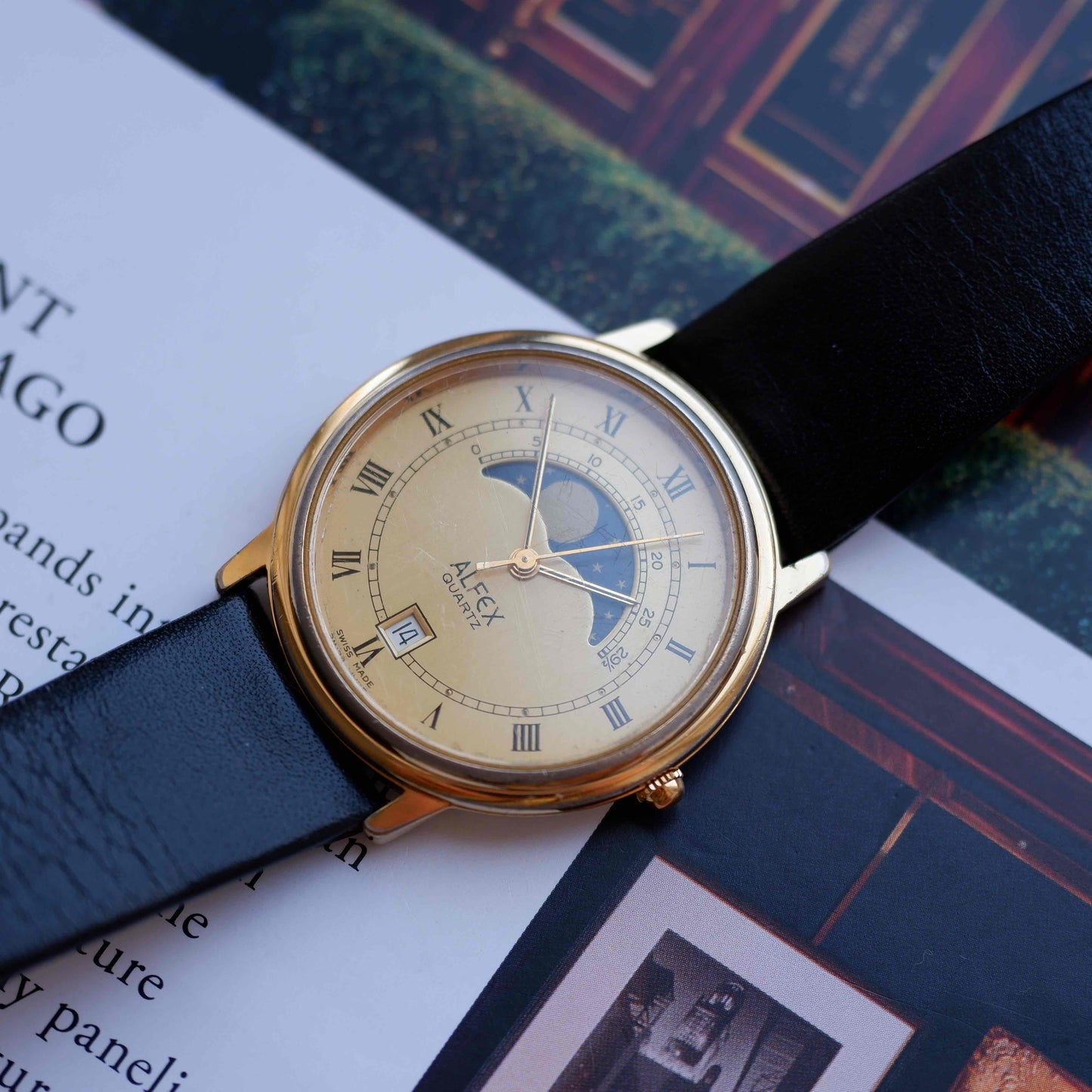 Vintage Alfex Moon Phase Dress Watch 90s Gold Quartz