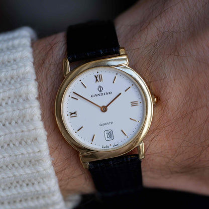 Vintage Candino Dress Watch 90s Gold Hooded Lugs Swiss Quartz