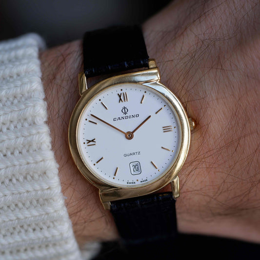 Vintage Candino Dress Watch 90s Gold Hooded Lugs Swiss Quartz