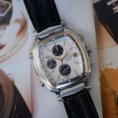 Vintage Seiko Tonneau Chronograph Alarm Two-Tone Quartz from the 90s