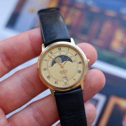 Vintage Alfex Moon Phase Dress Watch 90s Gold Quartz