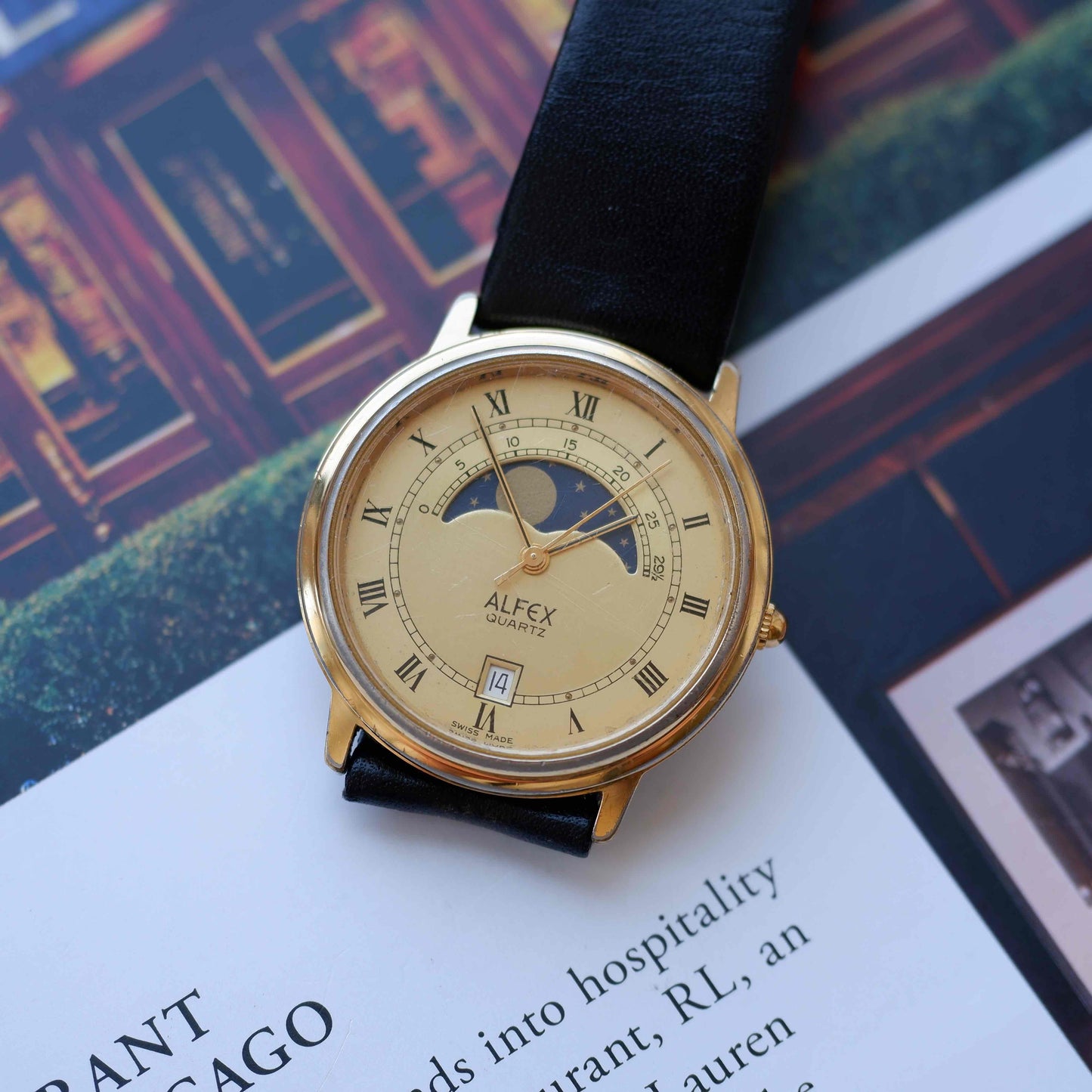 Vintage Alfex Moon Phase Dress Watch 90s Gold Quartz