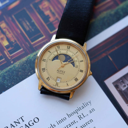 Vintage Alfex Moon Phase Dress Watch 90s Gold Quartz