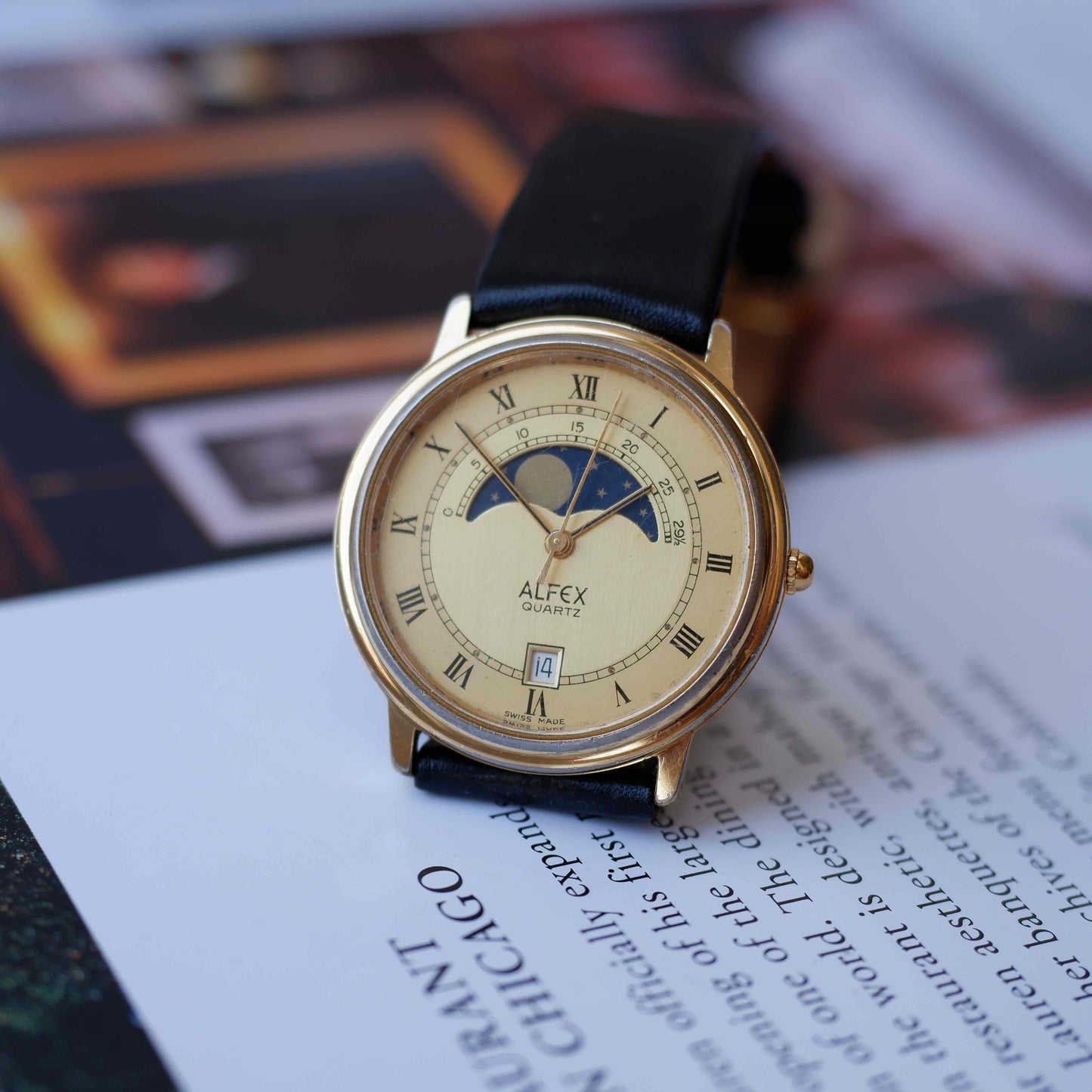 Vintage Alfex Moon Phase Dress Watch 90s Gold Quartz