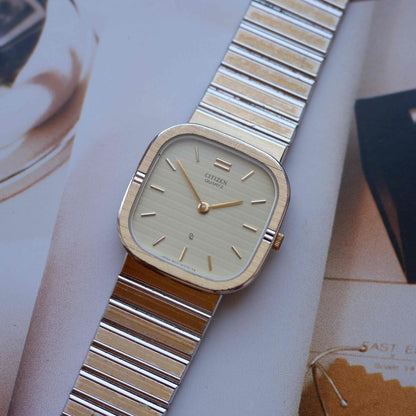 Vintage Citizen Dress Integrated Two-Tone Bracelet Strcutured Champagne Dial 80s
