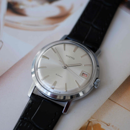 Vintage Vostok Dress Watch Silver Sunburst Dial Date Mechanical 70s MINT