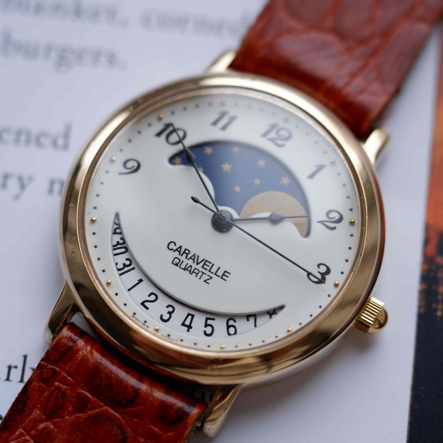 Vintage Caravelle by Bulova Moon Phase Dress Watch 90s Gold Quartz