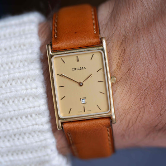 Vintage Delma Tank Style Watch 80s Gold Case Minimalist Swiss Quartz