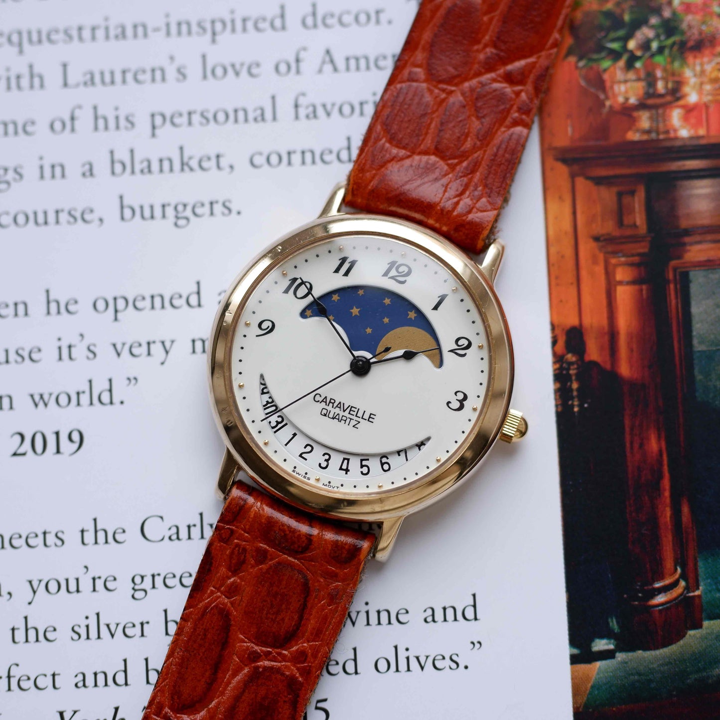 Vintage Caravelle by Bulova Moon Phase Dress Watch 90s Gold Quartz