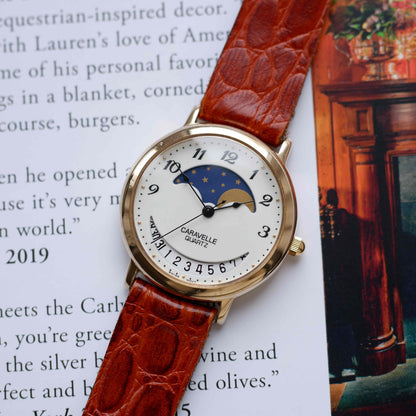 Vintage Caravelle by Bulova Moon Phase Dress Watch 90s Gold Quartz