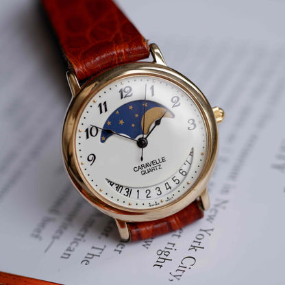 Vintage Caravelle by Bulova Moon Phase Dress Watch 90s Gold Quartz