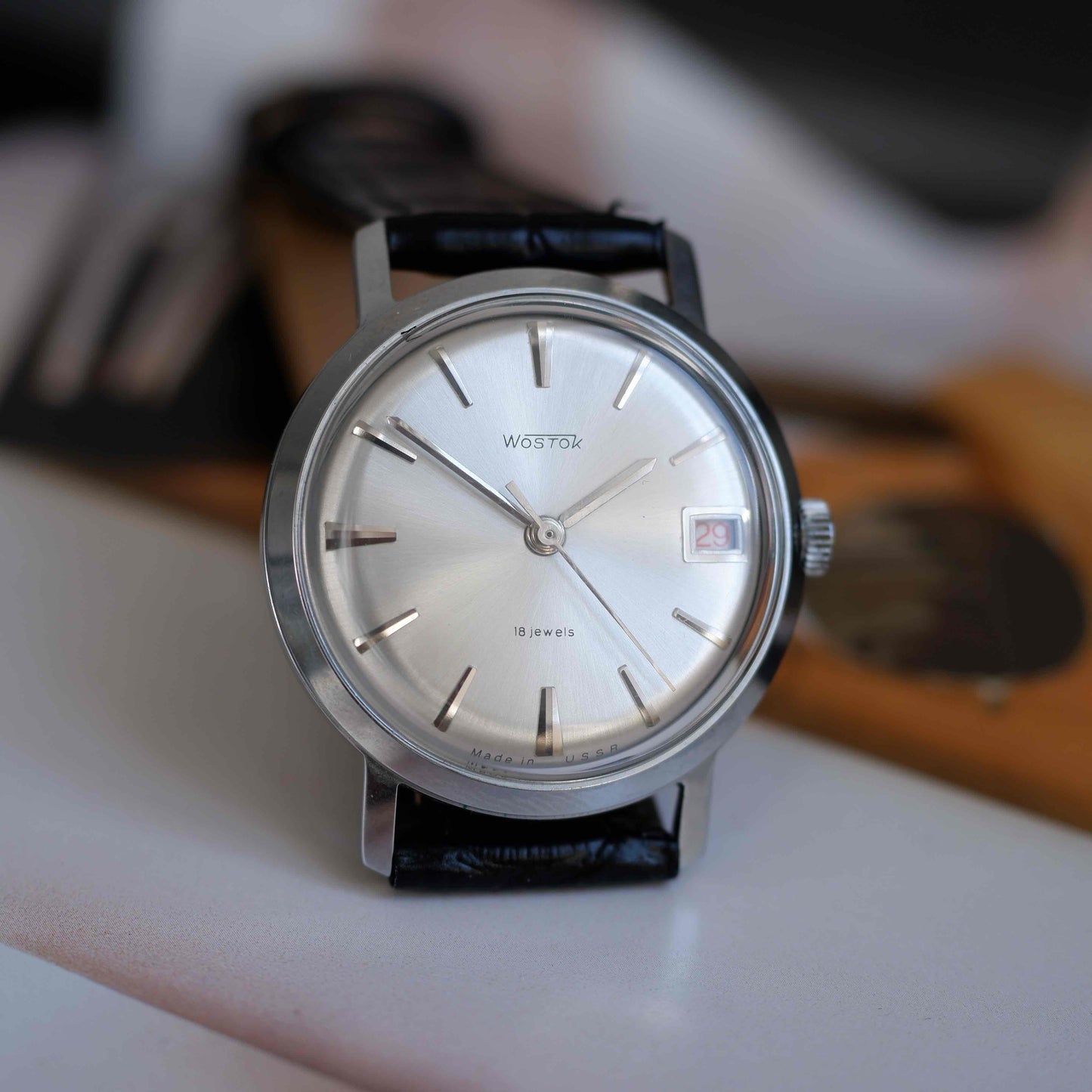 Vintage Vostok Dress Watch Silver Sunburst Dial Date Mechanical 70s MINT