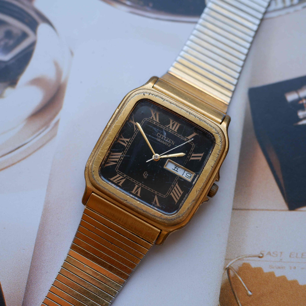 Vintage Citizen Square Watch 80s Gold Black Roman Dial Day-Date Quartz